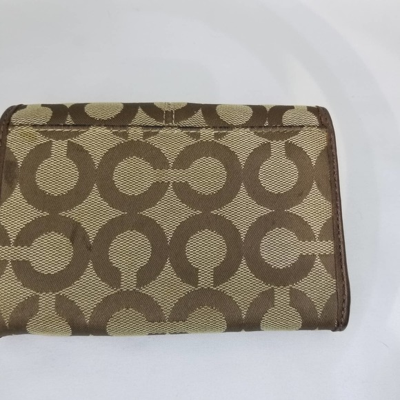 Coach Bifold Jacquard Fabric Wallet Logo CC Brown Tan Cinching - Picture 6 of 12